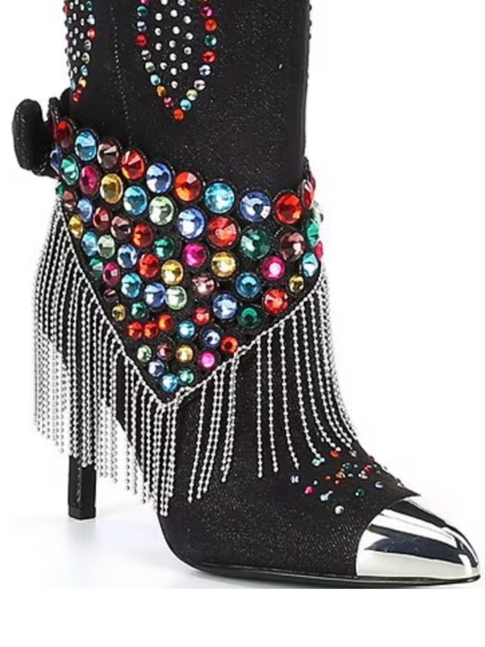 Gianni Bini Kaitrin Black Denim Rhinestone Embellished Fringe Heel Boots $229 - Picture 6 of 7